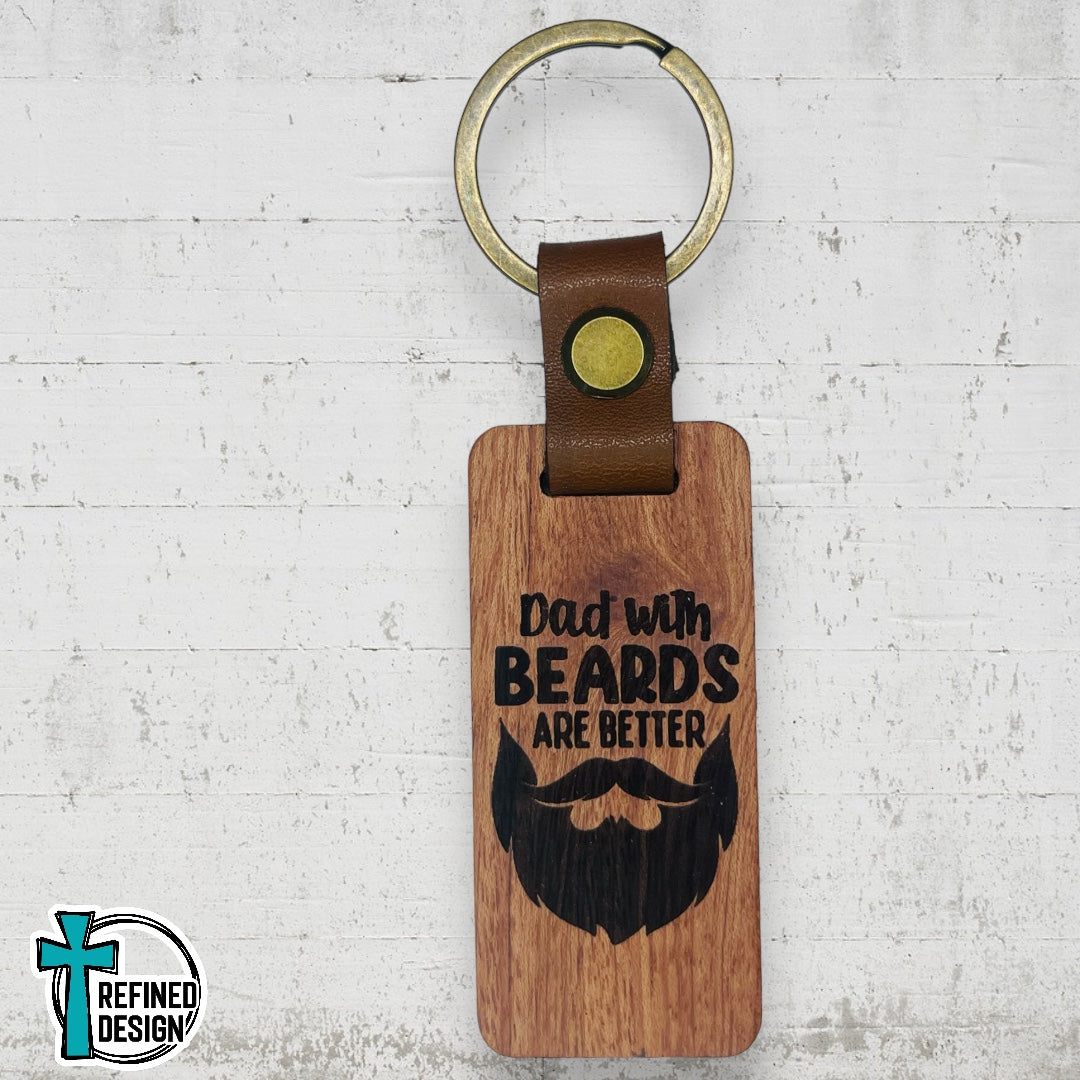 “Dads with Beards” Wood and Leather Keychain