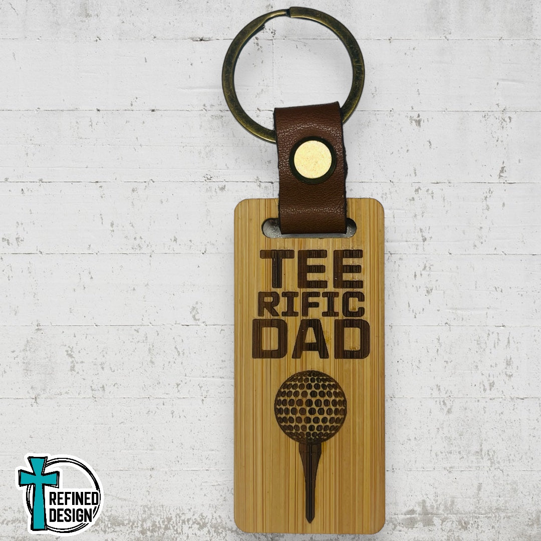 “TEE-rific Dad” Wood and Leather Keychain