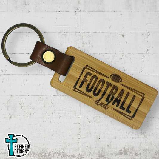 “Football Dad Rectangle” Wood and Leather Keychain