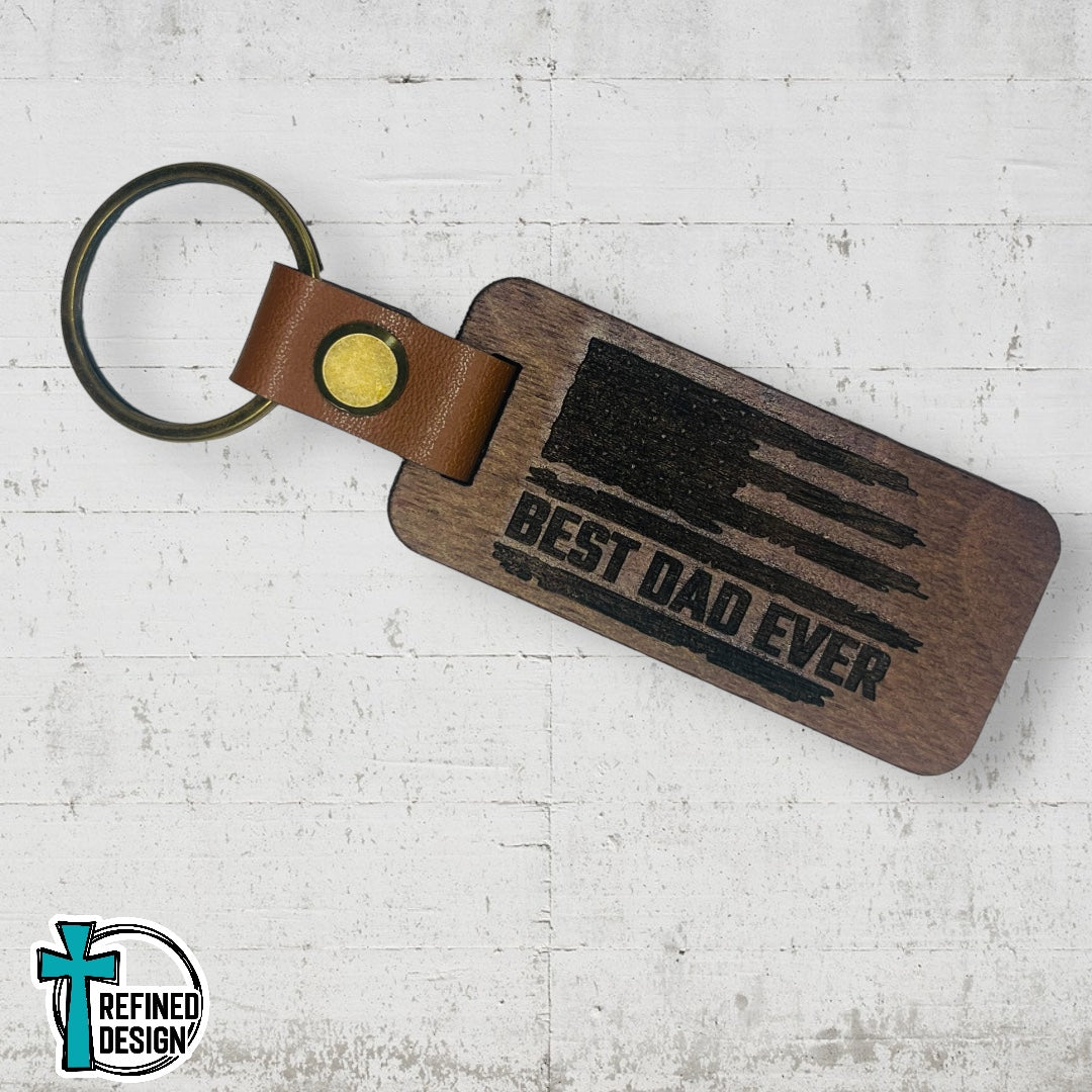 “Best Dad Ever Distressed Flag” Wood and Leather Keychain