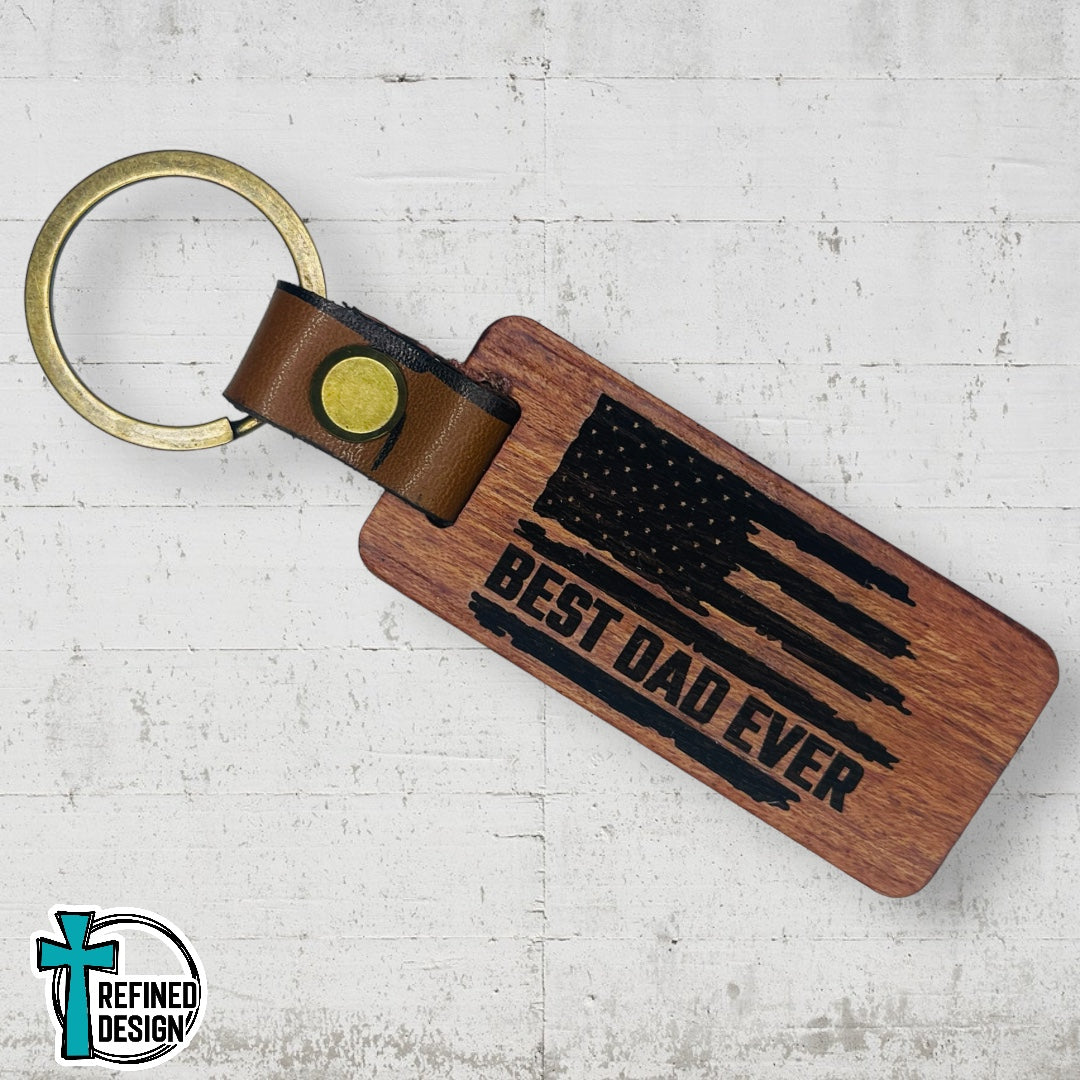 “Best Dad Ever Distressed Flag” Wood and Leather Keychain