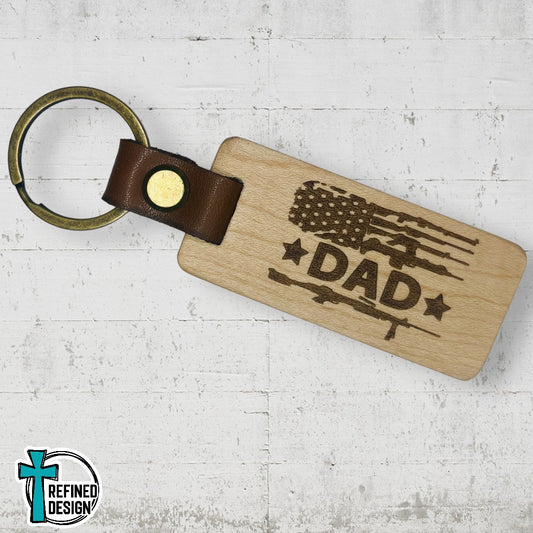 “Dad Guns and Stars Flag” Wood and Leather Keychain