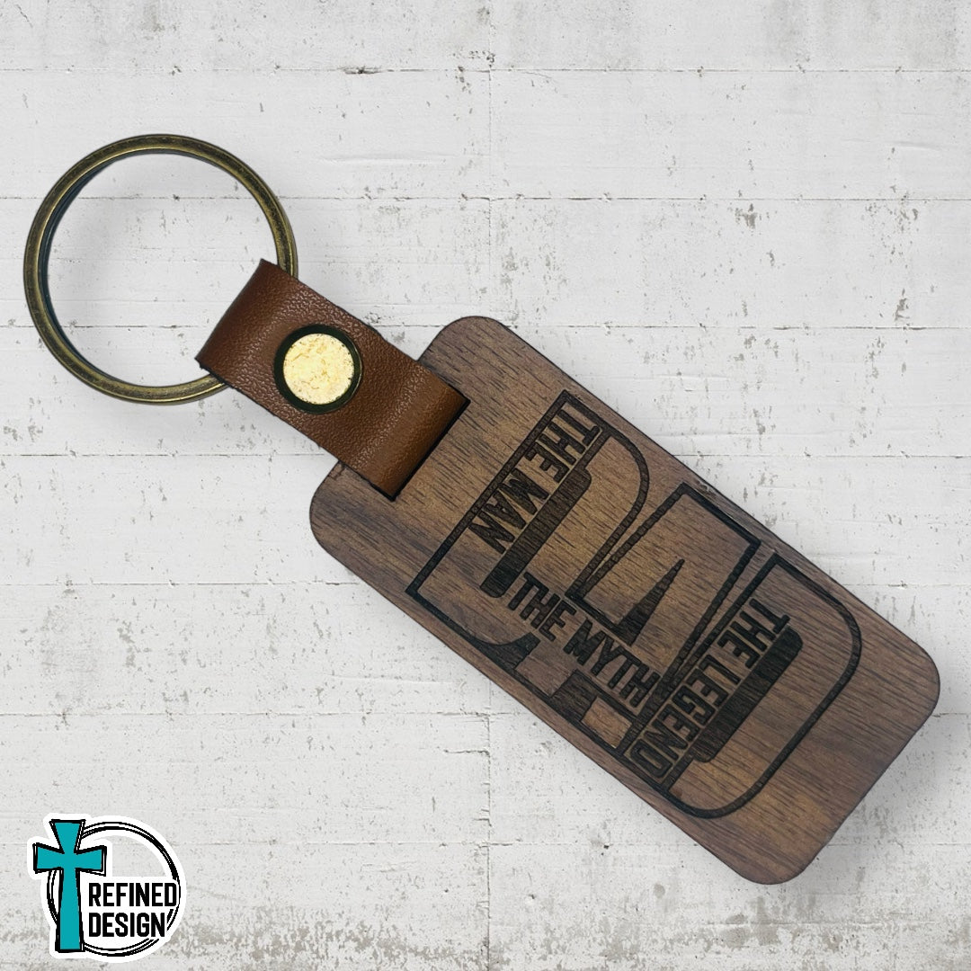 “Dad Man Myth Legend Outline” Wood and Leather Keychain