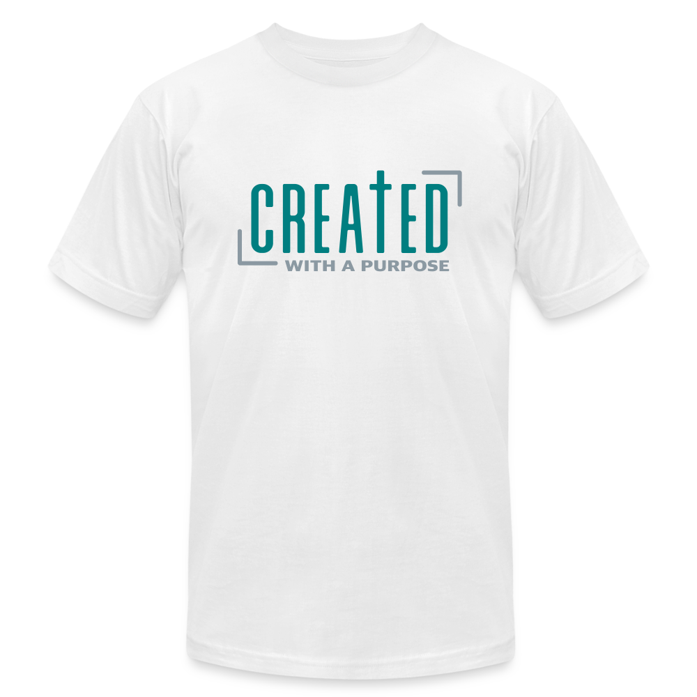 "Created with a Purpose" Unisex Jersey T-Shirt by Bella + Canvas - white