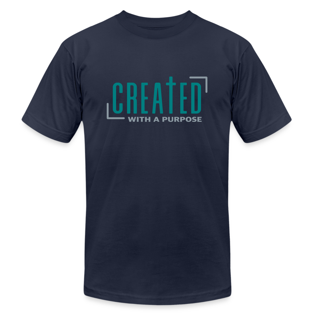 "Created with a Purpose" Unisex Jersey T-Shirt by Bella + Canvas - navy