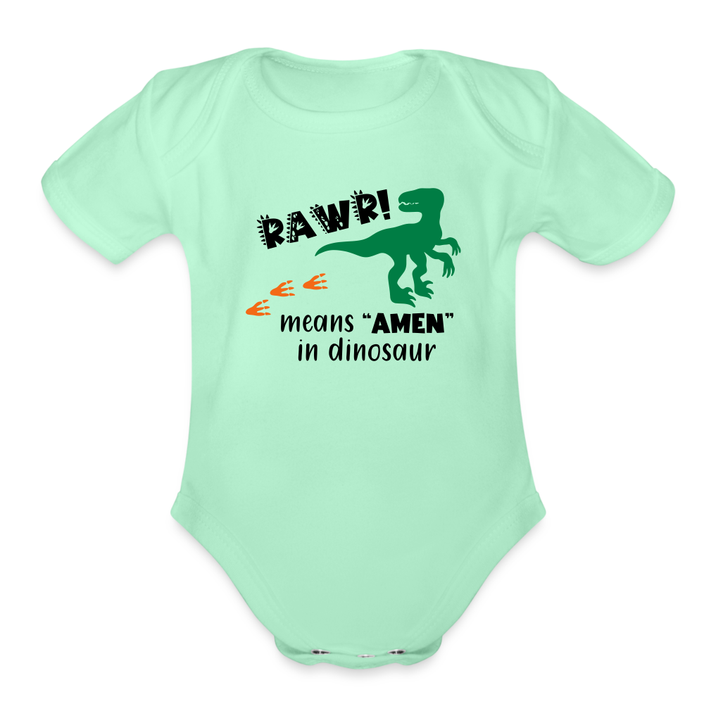 "RAWR Means AMEN" Organic Short Sleeve Baby Bodysuit - light mint